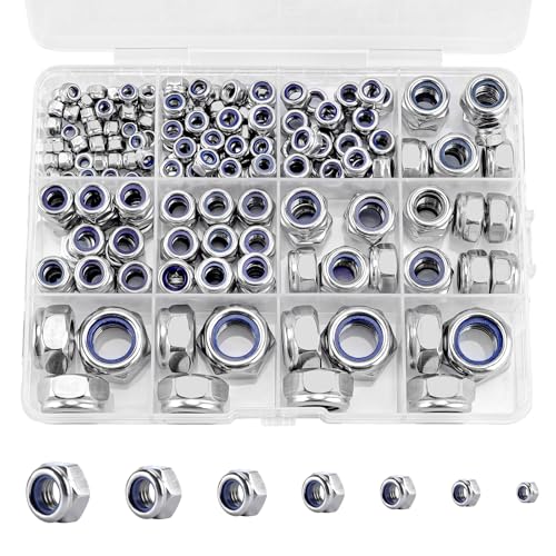 191 Pack 304 A2-70 Metric Nylon Lock Nuts | Stainless Steel Nylock Nuts, M3 M4 M5 M6 M8 M10 M12, Anti-Loose for Industrial & Home Fastening - color: Silver, size: Metric