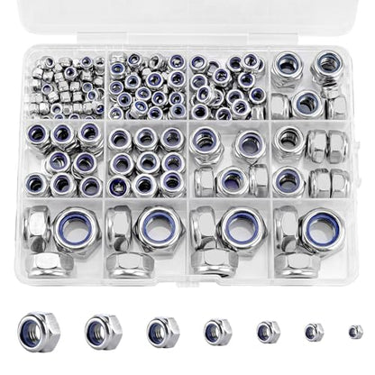191 Pack 304 A2-70 Metric Nylon Lock Nuts | Stainless Steel Nylock Nuts, M3 M4 M5 M6 M8 M10 M12, Anti-Loose for Industrial & Home Fastening - color: Silver, size: Metric