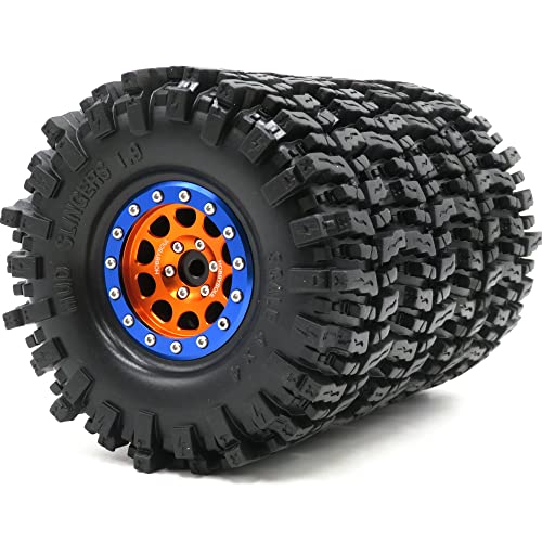 1.9 Mud Slingers Tires Soft Sticky Tyres 120mm / 4.72inch & Metal 1.9 Beadlock Wheels Orange Blue Rims for 1/10 RC Crawler Trail Traxxas TRX4 Axial SCX10 Redcat Gen8 upgarde - color: Orange & Blue