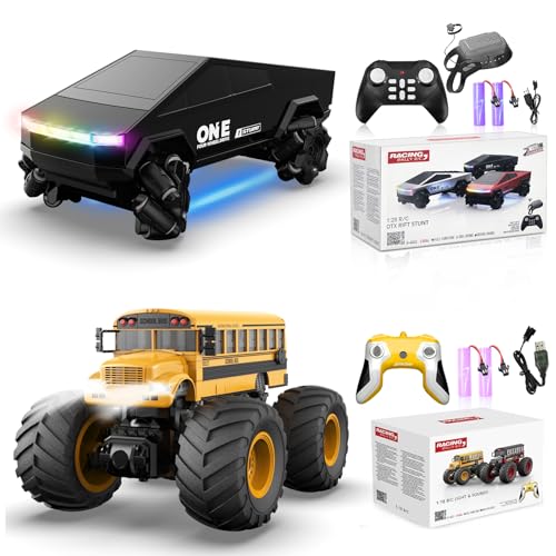 1/28 Gesture Sensing RC Stunt Car for 6-12+ Boys Girls, Seven Light Modes Cool RC Cars & 1/18 Remote Control School Bus Toy for Kids, 2.4GHz All Terrain RC Car with LED Lights & Sound