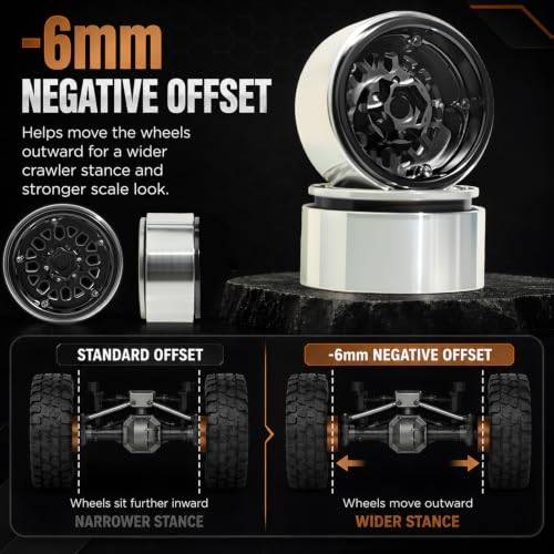 4PCS 1.9" RC Beadlock Wheels with12mm Hex & -6mm Offset Aluminum 30mm Wide Rims for 1/10 RC Crawler, Compatible with TRX4 TRX6 SCX10 SCX10 II III Gen8 RC4WD D90 90046 AXI03007 - color: Silver-Black