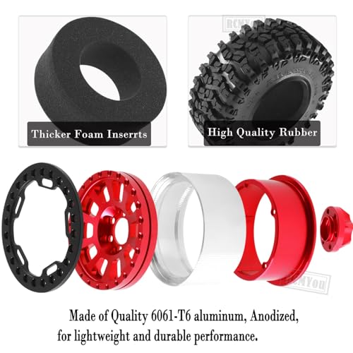 Rc 2.2 Inch Wheel Rims & Tires Wheels for 1/10 SCX10 SCX10 II 90046 SCX10 III AXI03007 TRX4 TRX6 D90 VS4-10 Gen8 MST CFX,RC Crawler Car 4pcs Aluminum RC 2.2 Beadlock Wheel,Red - color: Red - Scx10