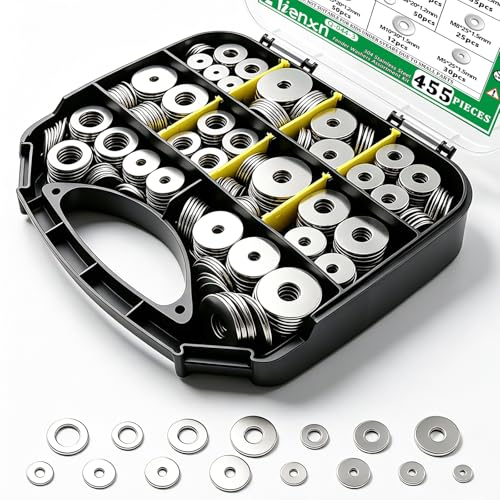 455PCS 304 Stainless Steel Fender Washer Assortment Kit, Washers for Bolts, 15 Metric Sizes Fender Washers for Screws -M3, M4, M5, M6, M8, M10, M12 for Home & Industrial Usage - size: M3-M12 (455PCS), style: Fender Washer