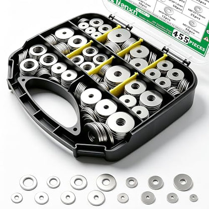 455PCS 304 Stainless Steel Fender Washer Assortment Kit, Washers for Bolts, 15 Metric Sizes Fender Washers for Screws -M3, M4, M5, M6, M8, M10, M12 for Home & Industrial Usage - size: M3-M12 (455PCS), style: Fender Washer