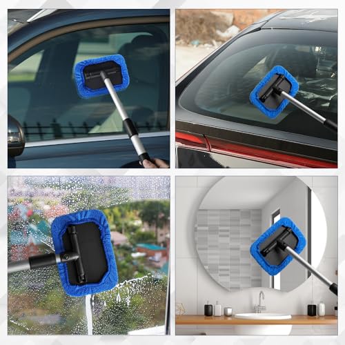 Windshield Cleaning Tool, Car Window Cleaner, Vehicle Window Cleaner with Extendable Handle & 2 Washable Microfiber Pads, Car Interior Glass Wiper Cleaning Kit for Most Vehicles (Blue) - color: Blue