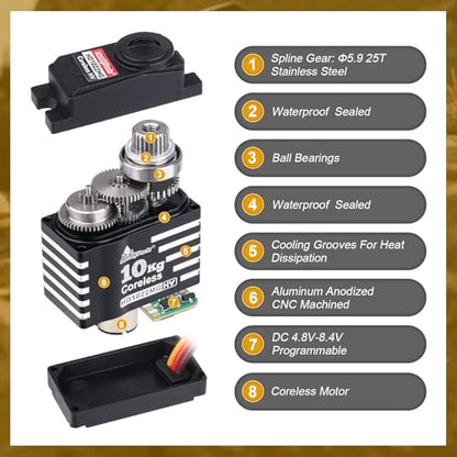 HobbyPark Waterproof 10kg RC Micro Servo High Torque Coreless Motor Metal Gears for 1/18 TRX4M Steering Servo & Sub-Micro Shift Servo TRX4 SCX10 1/10 RC Crawler Car Robot Digital Programmable 180°