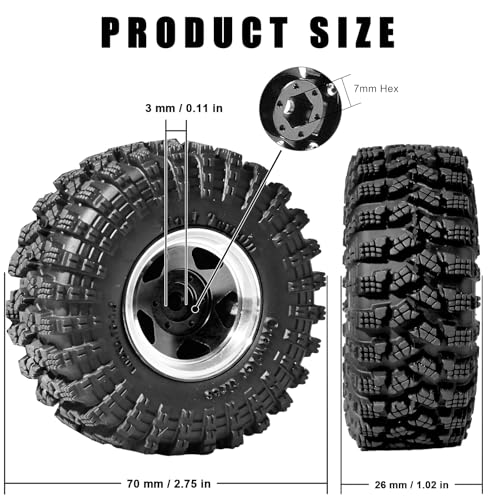 1.3” RC Beadlock Wheel Tires Set 70 * 26mm for 1/18 1/24 SCX24 TRX4M, Black | Aluminum Wheel Rims Super Large Soft Mud Terrain Rubber Off-Road Tires for 1/18 1/24 Micro Crawler Car SCX24 TRX4M Upgrade - color: Black
