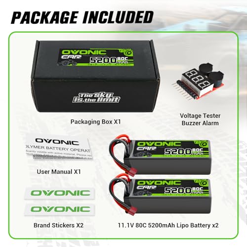 OVONIC Lipo Battery 11.1V 80C 5200mAh 3S Battery with Dean-Style T Plug Hardcase Battery for RC Car Boat Truck Helicopter Airplane Racing Models(2 Packs)(with Lipo Voltage Checker)