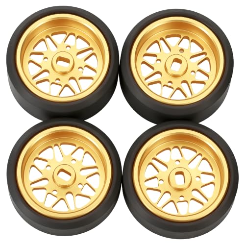 4 Pcs 25mm Star Shaped Rc Drift Wheels & Logo Drift Tires for 1/24 1/28 Wltoys, [2N+2W] Aluminum Alloy Rims with Rc Drift Car Tires for 1/24 1/28 Mini-Q HGD1 Wltoys K969 K989 k929(Gold) - color: Gold