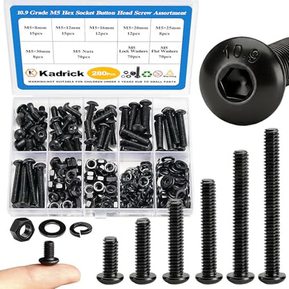 KADRICK 280PCS M5 Screw Kit,Hex Socket Button Head Screws Length 8MM-30MM | M5 Bolts with Nuts Flat & Lock Washers, Class 10.9 Alloy Steel,Black Oxide Finish - size: M5 280Pcs 8-30mm