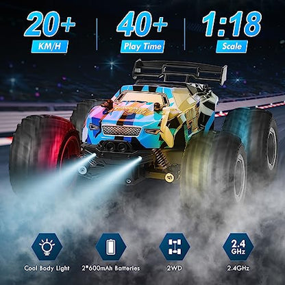 Remote Control Car, Remote Control Truck, 2.4Ghz All Terrain Rc Cars | 20 KM/H Off-Road Monster Truck with LED Bodylight and 2 Rechargeable Batteries Toys for Boys