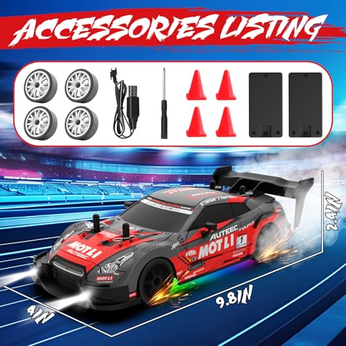 RC Drift Car 1:20 Scale Remote Control Cars 2.4GHz 4WD High Speed RTR Racing Vehicle with LED Lights 2 Rechargeable Batteries and Drifting Tires Racing Sport Toy Car for Adults Kids Boys Girls - color: Red