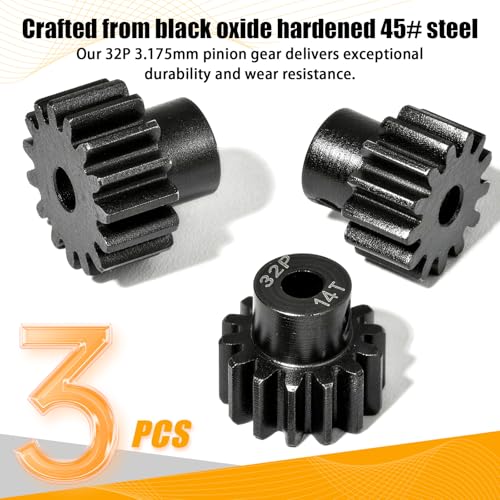 3PCS 32P Pinion Gear #45 Hardened Steel 3.175mm - 13T 14T 15T 0.8M Motor Pinion Gear Set for 1/10 RC Car, Compatible with Traxxas Arrma Tamiya Losi Brushless Brushed Motor Upgrade Parts - size: 13 14 15T