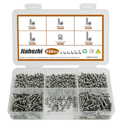 530Pcs M2 304 Stainless Steel Metric Micro Screws Nuts Assortment | M2x4/5/6/8/10mm Sizes, Phillips Pan Head, Fully Threaded Kit for Arduino, RC Models, Electronics, DIY Projects - size: M2x4/5/6/8/10- 530 Pcs