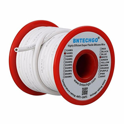 BNTECHGO 14 Gauge Silicone Wire White 25ft Stranded Tinned Copper Wire | Flexible 14 AWG Stranded Wire Silicone Rubber Insulation For RC Models, Drone, Robot, Battery, EV Charger, 3D Printer, DIY - color: White, size: silicone wire 25ft