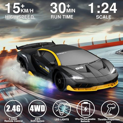 RC Drift Car 1:24 Remote Control Car 4WD 15KM/H High Speed Racing Sport Car with LED Lights RC Cars Toy for Kids Boys Girls Adults Gifts Birthday Christmas - color: Black-1