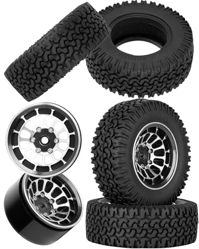 1.55 Inch Aluminum Alloy Beadlock Wheel and Tires for Tamiya AX90069 D90 TF2 CC01 CC02 1/10 RC Crawler Car,1.55 Beadlock Tires RC Rims,Soft Rubber All Terrain Tyre Metal Rims,Black - color: Black(4pcs)