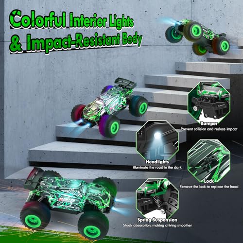 Remote Control Car, Rechargeable 1:18 Rc Cars, All-Terrain RC Truck | Remote Control Truck for Boys 4-7 8-12 with LED Light, 20KM/H, 2WD, 2.4GHz, Sturdy PVC Shell, Beginner-Green - color: Green