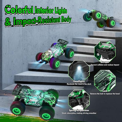 Remote Control Car, Rechargeable 1:18 Rc Cars, All-Terrain RC Truck | Remote Control Truck for Boys 4-7 8-12 with LED Light, 20KM/H, 2WD, 2.4GHz, Sturdy PVC Shell, Beginner-Green - color: Green