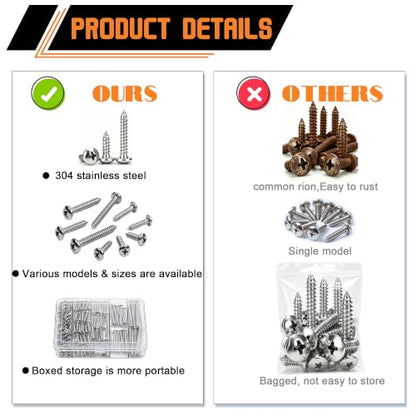 Dianrui 280 PCS 304 Stainless Steel Screws, #6#8 Wood Screws Assortment Kit, Assorted Sheet Metal Screws, ‌Phillips Drive Pan Head Assorted Sheet Metal Screws Marine Grade 1”,3/4”,5/8”,1/2” - size: 280PCS-SV