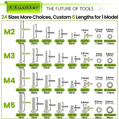 1315Pcs M2 M3 M4 M5 Phillips Pan Head Bolts and Nuts Kit, 24 Size | 304 Stainless Steel Metric Machine Screws with Washers, 6mm 8mm 12mm 16mm 20mm 25mm 6 Length 24 Sizes for DIY & Repair - size: B. M2 M3 M4 M5