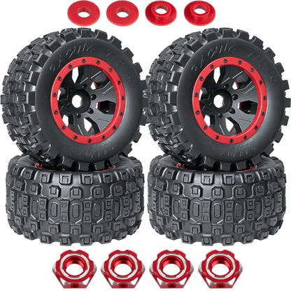 MX43 RC Wheels and Tires Truck Tires for 1/5 KRATON 8S EXB AVC 4X4 RTR,1/5 Outcast 8S EXB AVC 4X4 RTR,1/5 X-MAXX 8S,Pro-line Racing Badlands Tires w/Wheel Hex,4PCS,Red - color: Red(4pcs)