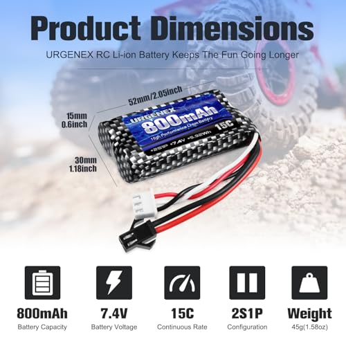 Airsoft Battery 7.4V 800mAh with SM-2P Plug 2S RC Li-ion Battery Compatible with Anstoy Gel Blaster Gun WPL MN BEZGAR RC Car Boats and Most 1/16, 1/18, 1/24 RC Trucks