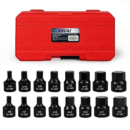 C&T 16 Piece 3/8-Inch Drive Low Profile Impact Hex Driver Set,SAE/Metric,1/4 Inch - 3/4 Inch, 6mm - 19mm, Cr-Mo Steel, Hex Bit Socket Set, Heavy Duty Storage Case