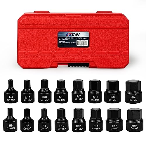 C&T 16 Piece 3/8-Inch Drive Low Profile Impact Hex Driver Set,SAE/Metric,1/4 Inch - 3/4 Inch, 6mm - 19mm, Cr-Mo Steel, Hex Bit Socket Set, Heavy Duty Storage Case