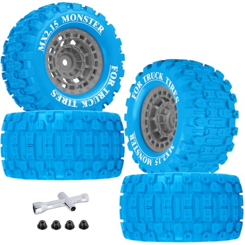 100 * 52MM 1/16 RC Monster Truck Tires 12mm Hex Adapters All-Terrain Traction Tires fit for Mini Maxx/Mini XRT, MJX 16207/16208/16209/16210,HSP 94186,E-Revo,L0S1,1/18 Mini LMT,Blue&Grey - color: Blue&grey(4pcs)