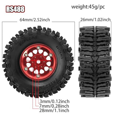 REDSPIDER RC 1.3inch Beadlock Wheels and Crawler Tires 64mm * 26mm Mud Slingers X Super Soft Sticky Tyres For RC 1/24 1/18 Scale Crawler TRX4M SCX24 FCX24 FCX18 (Red) - color: Brown