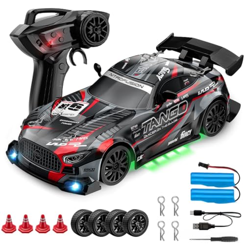 RC Car for Kids, 1:24 High Speed Remote Control Drift Car | 2.4GHz 4WD RC drift car with LED lights, 2 batteries (50-min runtime), drift tires, Birthday gift for boys aged 4-12, Black - color: 2-black
