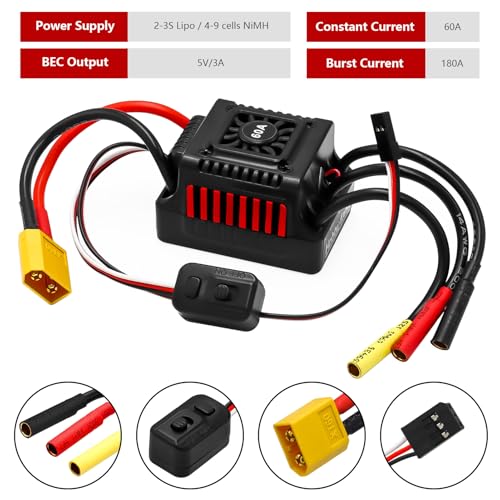 Upgraded 60A Brushless ESC 2-3S Electronic Speed Controller with Programming Card Waterproof ESC for 1/10 Remote Control Car Truck