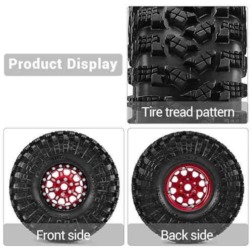 1.9" Beadlock Aluminum Wheels and 120mm Soft Rubber Tires | for SCX10 TRX4 1/10 RC, 12mm Hex, 0mm Offset, with Foam Inserts, RC Crawler Upgrade Parts (Red-2) - color: Red-2