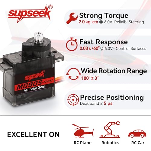 MG90S 9g Micro Servo Motor Kit, Metal Gear 2.0 kg-cm High Torque, 0.08 sec/60 deg 180° Rotation, for RC Plane Arduino Robotics (4pcs)