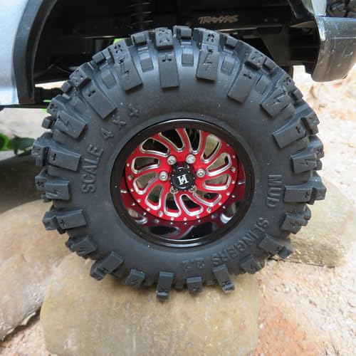 2.2 Beadlock Wheels and Tires 124mm Tall Tyres, Mud Slingers 2.2 Tires and Wheels Adjustable Offset 40mm Wide Rims for 1/10 RC Crawler SCX10 Capra Upgrades,HS701586 - color: Black & Red