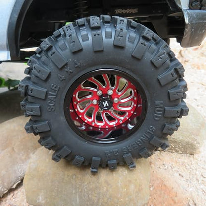2.2 Beadlock Wheels and Tires 124mm Tall Tyres, Mud Slingers 2.2 Tires and Wheels Adjustable Offset 40mm Wide Rims for 1/10 RC Crawler SCX10 Capra Upgrades,HS701586 - color: Black & Red