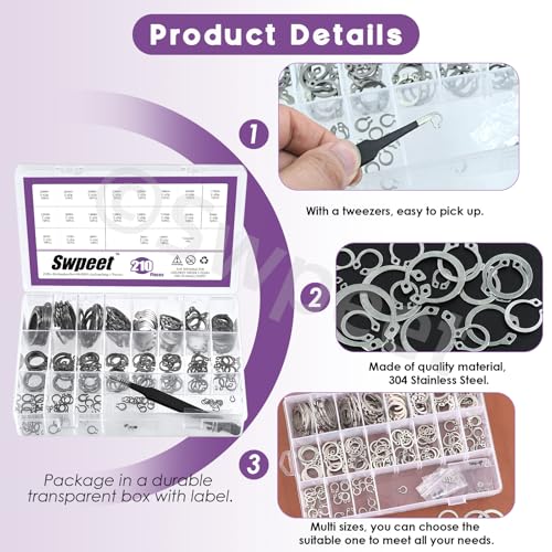Swpeet 211Pcs 21 Sizes M4-M28mm Stainless Steel C-Clips External Circlip Snap Retaining Clip Rings with Tweezers Assortment Kit, Circlip Retainer Rings Set for Axles, Shafts and Other Moving Parts - style: 304 Stainless Steel C-Cip