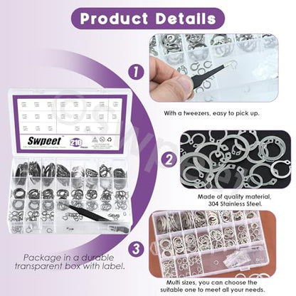 Swpeet 211Pcs 21 Sizes M4-M28mm Stainless Steel C-Clips External Circlip Snap Retaining Clip Rings with Tweezers Assortment Kit, Circlip Retainer Rings Set for Axles, Shafts and Other Moving Parts - style: 304 Stainless Steel C-Cip