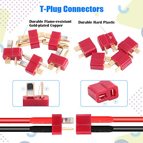 Glarks 76pcs T-Plug / XT60 / XT90 / EC3 / EC5 Male & Female Plug Adapter Connectors Kit [Including: 14 GA Silicone Wire and Shrink Tubing] for RC Lipo Battery Accessories