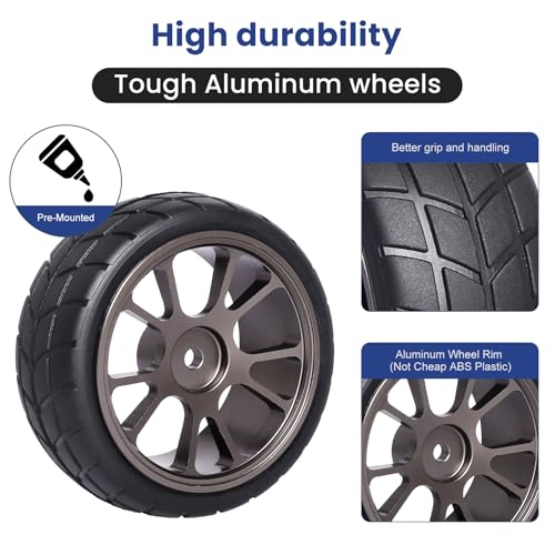 GoHooby 2.55in Rubber Tires&12mm Hex Wheel Rims Pre-Mounted Set, Compatible with Traxxas Tamiya 1/10 RC On-Road Touring Car (Color 2) - color: Color 2