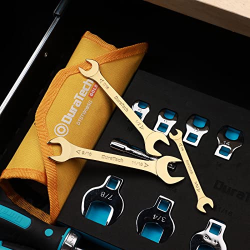 DURATECH Super-Thin Open End Wrench Set, SAE, 8-Piece, 1/4" to 1-1/16" | Slim Wrench Set, Titanium Plating, Rolling Pouch - color: Gold, size: SAE