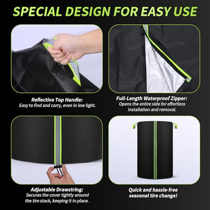 Tire Cover for Storage, 420D Oxford Waterproof Up to 33in Tire Bag with Reflective Handles, Fits 4 Tires Storage Bag with Zipper & Drawstring Lock for UV Protection, Dirt-Resistant