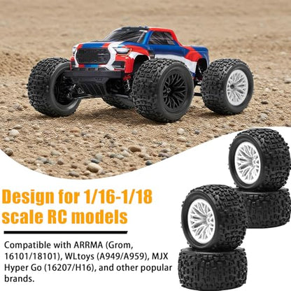 Pre-Glued 1/16 & 1/18 RC Monster Truck Tires, Soft Rubber Tire and Nylon Wheels Rims with 12mm hex Compatible with ARRMA 1/18 Granite/Typhon Grom, WLtoys A949, MJX Hyper Go H16 RC Buggy, 4PCS (White) - color: White