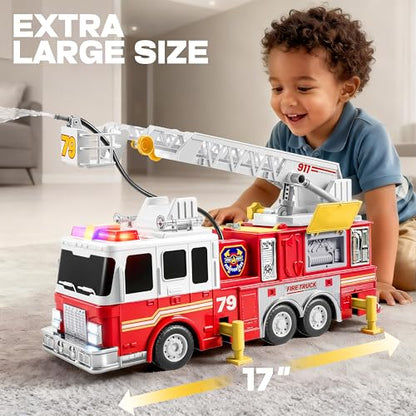 JOYIN Extra Large Kids Fire Truck Toys for Boys with 33-inch Ladder, Lights & Sprinkler Pump, Big Emergency Vehicle, Kids Toys for Age 3, 4, 5, 6, 7, Christmas Birthday Gift for Grandkids
