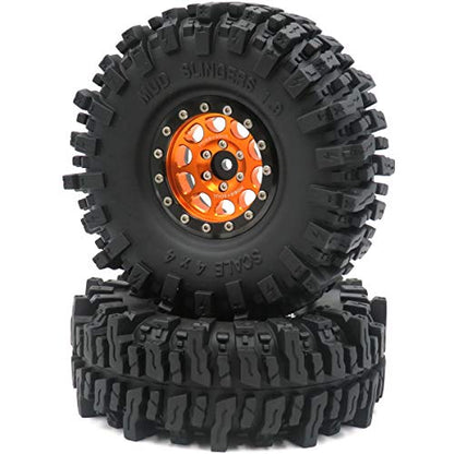 RC Soft Sticky 1.9 Mud Slingers Tires 120mm & 1.9 Beadlock Wheels Orange Black Rims, 1.9 Crawler Tires and Wheels for 1/10 rc Crawler Traxxas TRX4 Axial SCX10 Gen8, (4-Pack) - color: Orange & Black