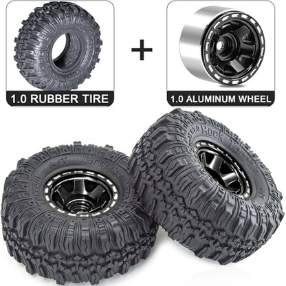 1.0 Beadlock Wheels and Tires Set 57 x 24 mm 1.0 inch Rubber Rock Crawler Tires & Alloy Blade Wheels For 1/18 1/24 Axial SCX24 TRX4M Gladiator Bronco C10 JLU Deadbolt RC Crawler Upgrade(Black) - color: Black