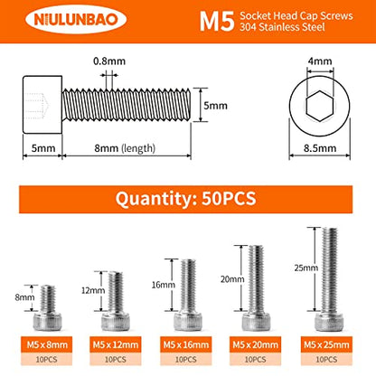 M5 x 8mm 12mm 16mm 20mm 25mm Hex Socket Head Cap Screws Bolts 304 Stainless Steel Allen Hex Drive Metric Machine, Fully Threaded, Assortment Kit 50PCS - size: M5 x 8/12/16/20/25mm (50PCS)