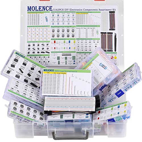 5162pcs DIY Electronics Components Kit Assortment | Resistor, Inductor, Capacitor, LED, Triode, ICS, Diodes, PCB, Potentiometer, Pin Header, Jumper Wire, Terminals, Tactswitch