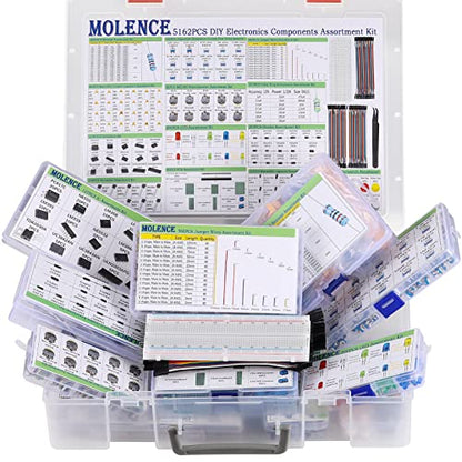 5162pcs DIY Electronics Components Kit Assortment | Resistor, Inductor, Capacitor, LED, Triode, ICS, Diodes, PCB, Potentiometer, Pin Header, Jumper Wire, Terminals, Tactswitch